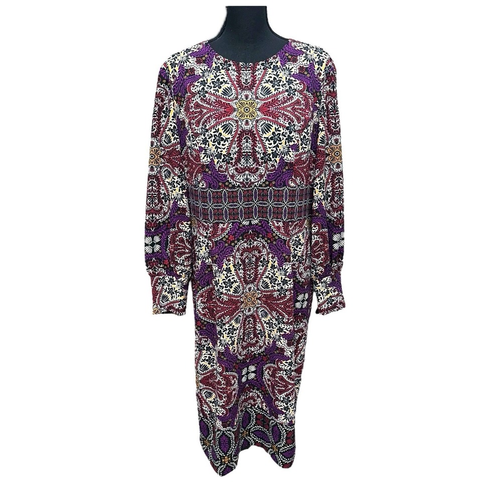 Chico's Medallion Print Long Sleeve Sheath Dress Size 2 (12/14) Colorful Midi